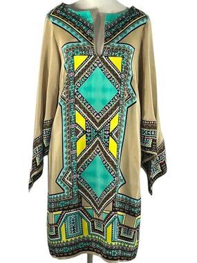 Alice & Trixie 100% Silk Geometric Tunic Dress Bell Sleeve Small